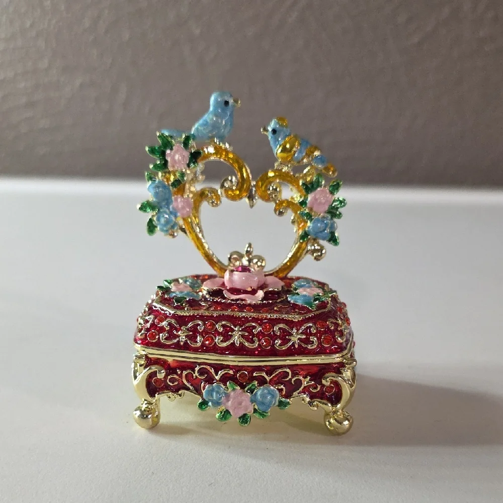 Elegant Red Enamel and Crystal Bird Trinket Box NWT